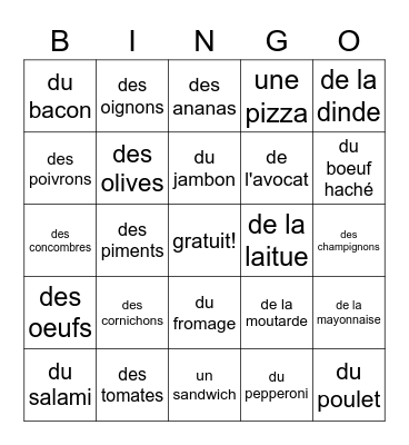Faire une pizza et un sandwich Bingo Card