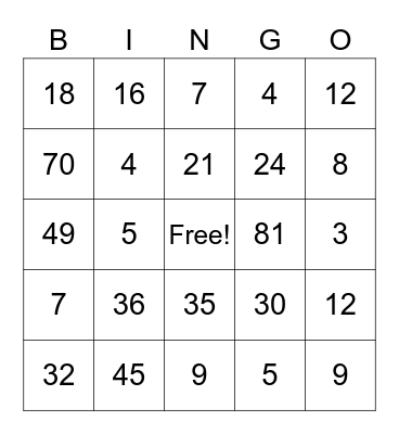 Division and Multiplication Review Bingo Card