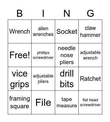 Tool ID bingo Card