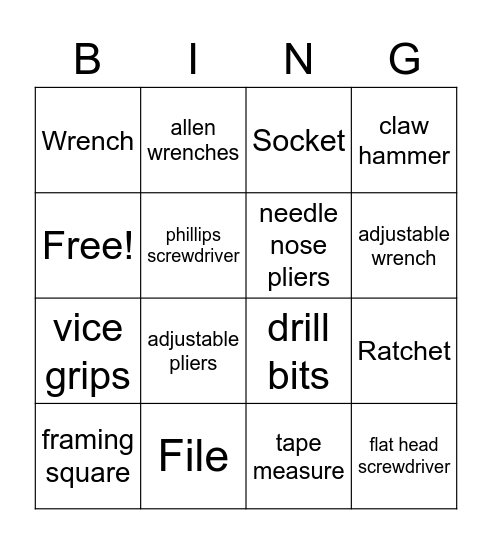 Tool ID bingo Card