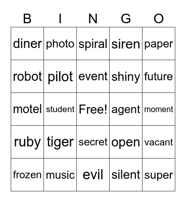 Open Syllable Bingo Card