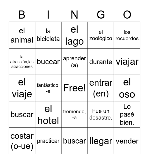 Realidades 1 Chap 8A Bingo Card