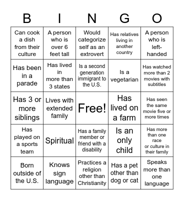 Get to know our classmates Bingo Card