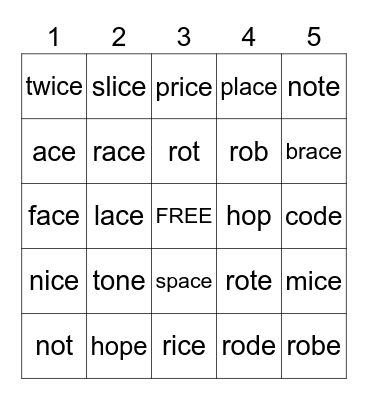 D8/D9 Words Bingo Card