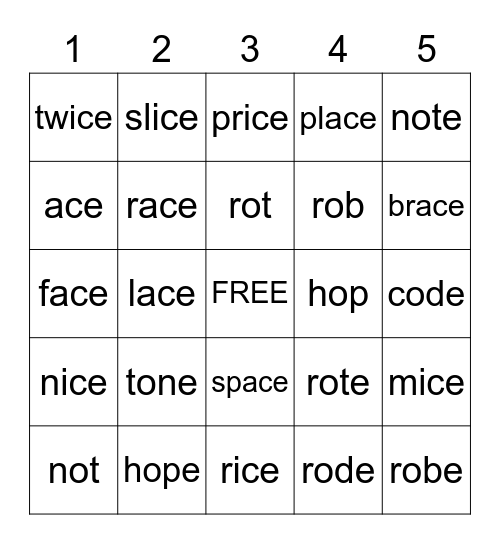 D8/D9 Words Bingo Card