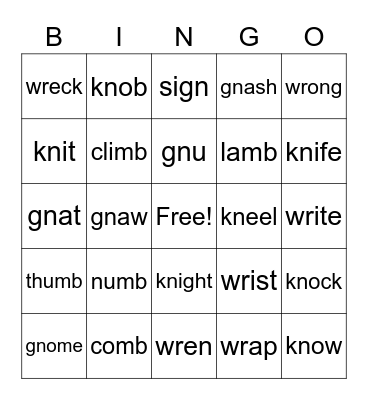 Silent Letters Bingo Card