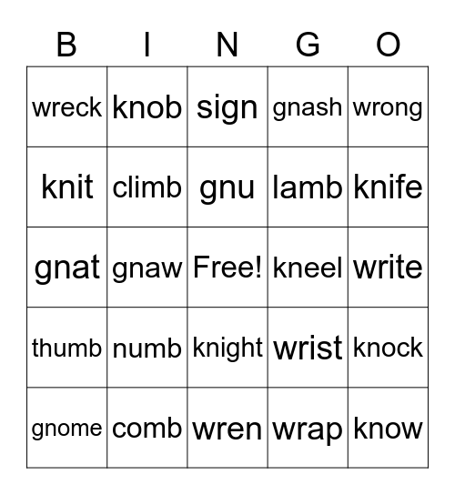 Silent Letters Bingo Card