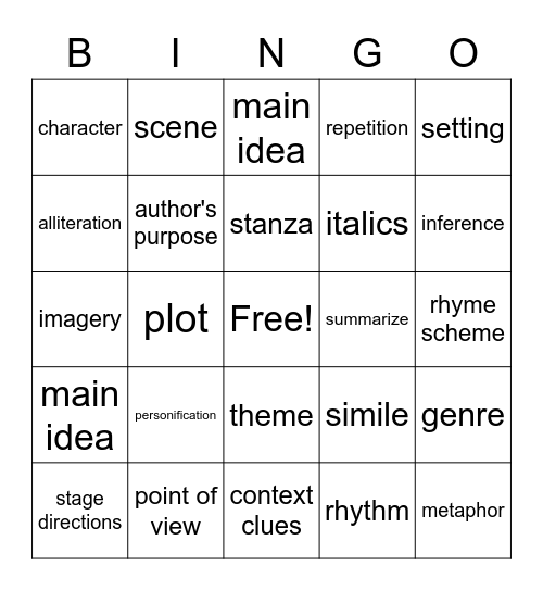 STAAR vocabulary Bingo Card