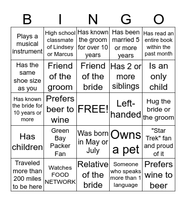 LEWIS WEDDING BINGO Card