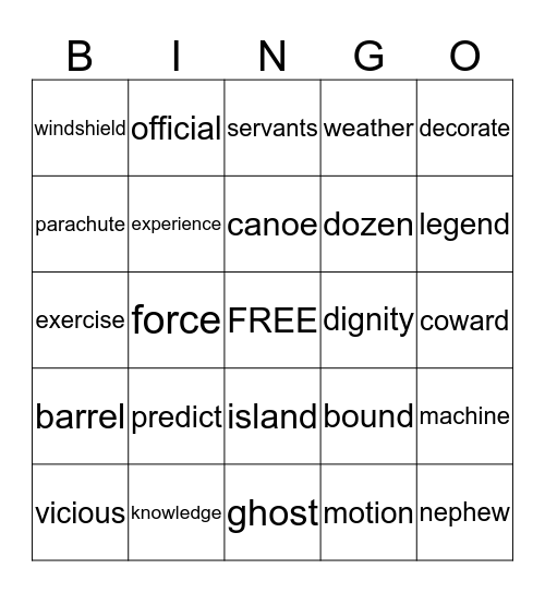 4th Graded Word List Bingo Card