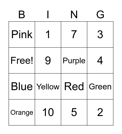 Number and Color Bingo Card