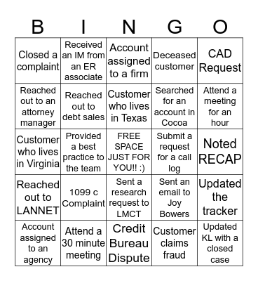 Recoveries Complaints Bingo Card