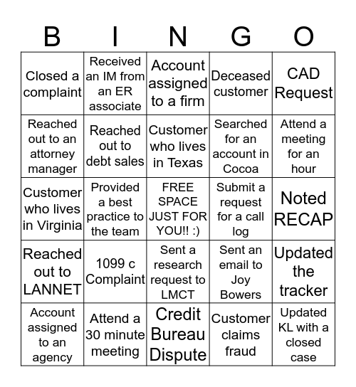 Recoveries Complaints Bingo Card