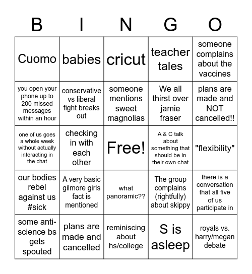 Groupchat bingo Card