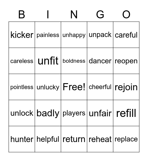1st Suffixes and Prefixes Bingo Card