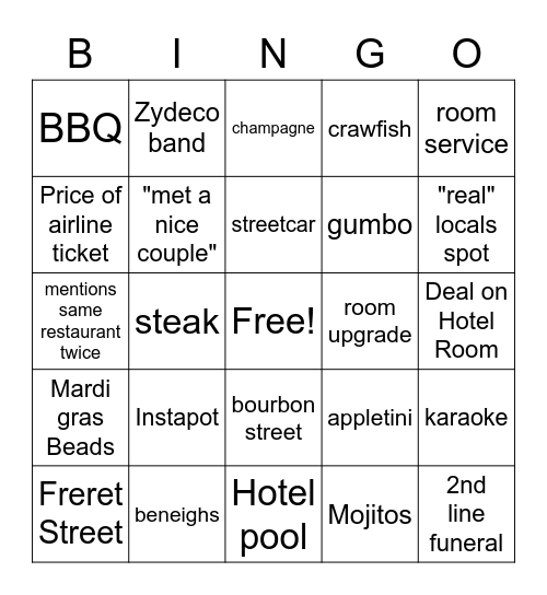 Tom's Vacation Bingo Card