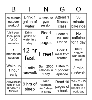 Fitness Bingo Card