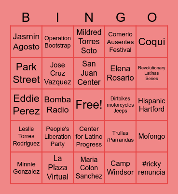 PR Hartford Diaspora Bingo Card