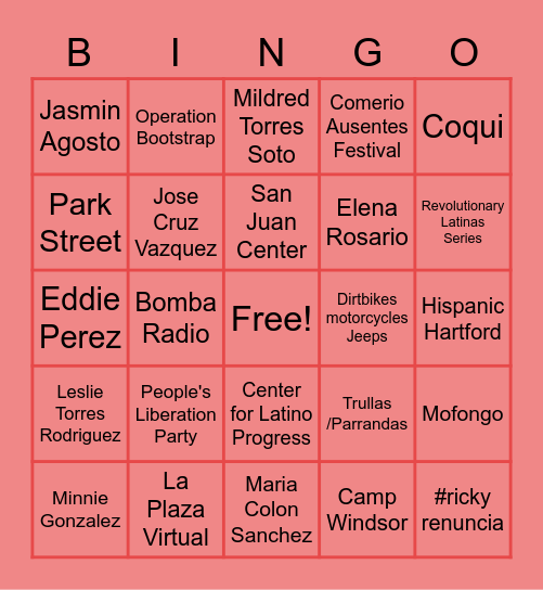 PR Hartford Diaspora Bingo Card