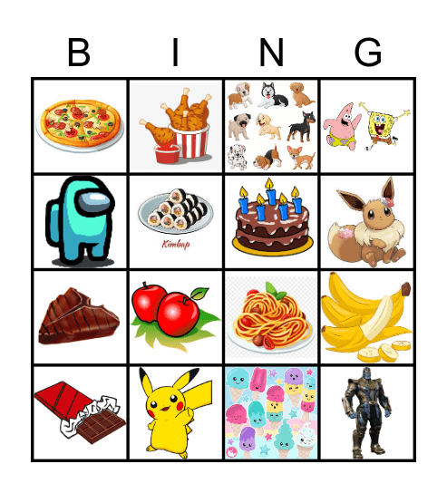 Food Likes Bingo Card