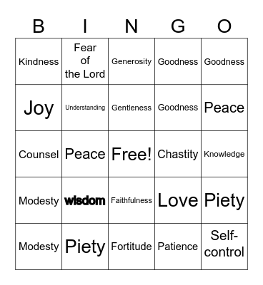 Gifts and fruit of the Holy Spirit Bingo Card