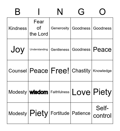 Gifts and fruit of the Holy Spirit Bingo Card