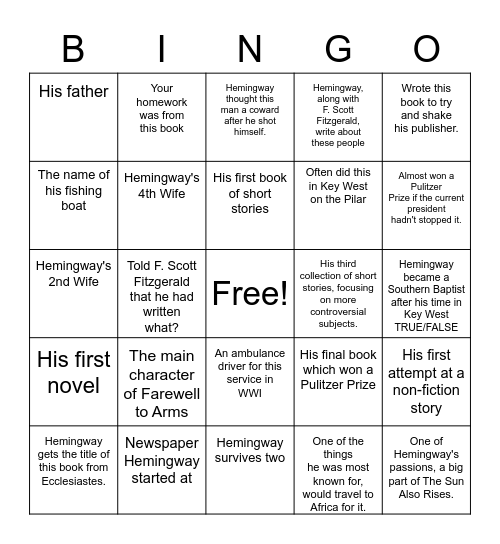 Hemingway Bingo Card