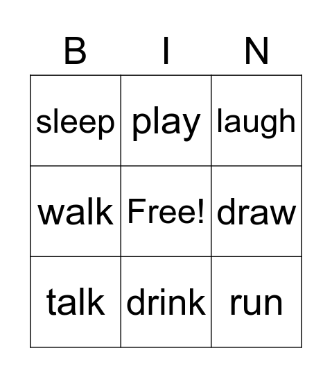 Action Words Bingo Card