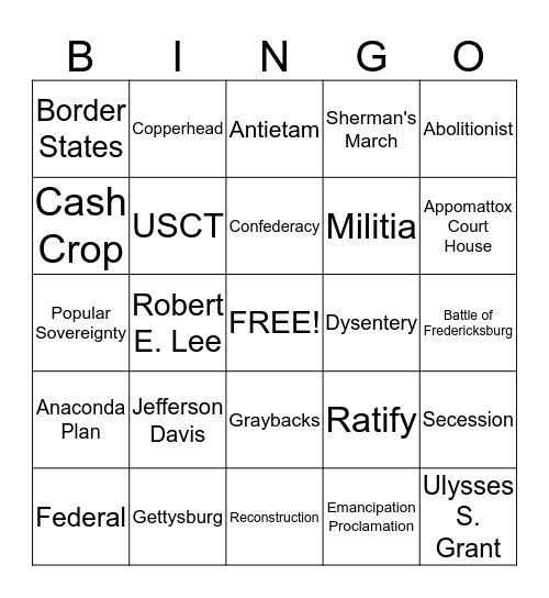 The Civil War Bingo Card