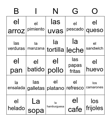 La comida y la bebida Bingo Card
