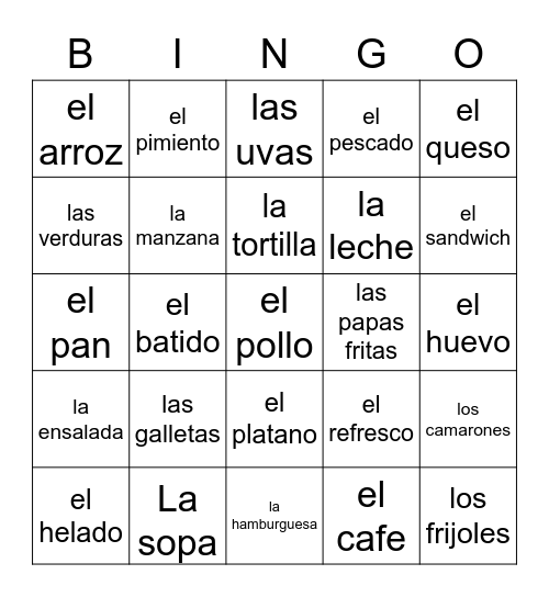 La comida y la bebida Bingo Card