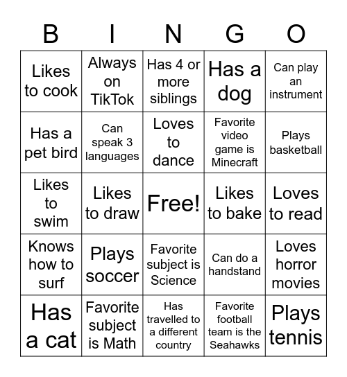 Interesting Things About Me Bingo Card