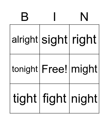 -ight words Bingo Card