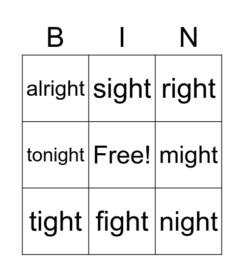 -ight words Bingo Card