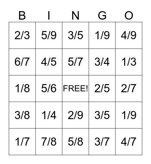 Fraction Bingo Card