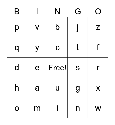 Lowercase Letters Bingo Card