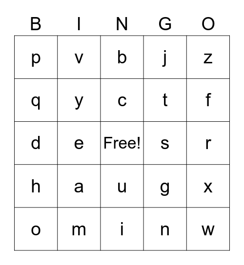 Lowercase Letters Bingo Card