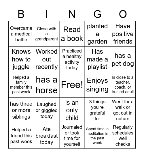 Sources of Strength Bingo Card