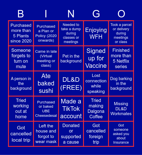 Virtual Bingo Pandemic Ediciton Bingo Card