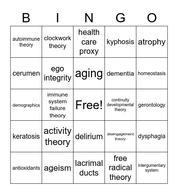 Late Adulthood Chapter 13 Bingo Card