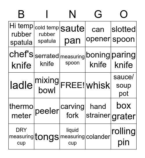 Kitchen Utensils Bingo Card