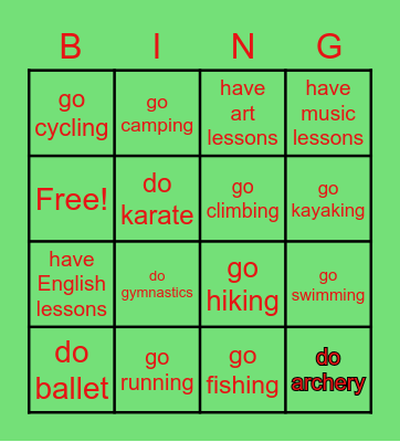 My hobbies - NEA 3 Bingo Card