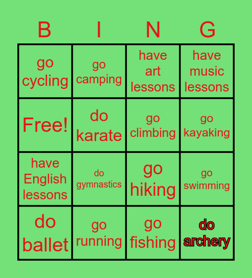 My hobbies - NEA 3 Bingo Card