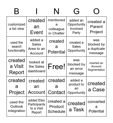 One CRM Activities Bingo Card