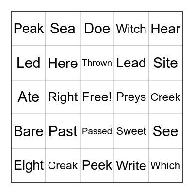 Homophones Bingo Card