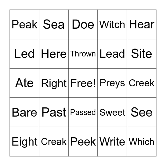 Homophones Bingo Card