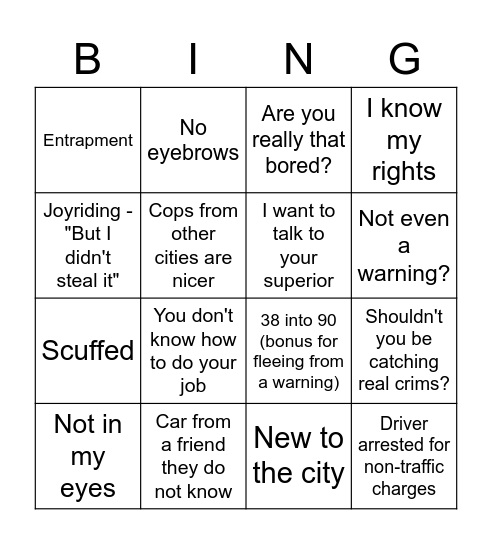 Traffic Bingo Card