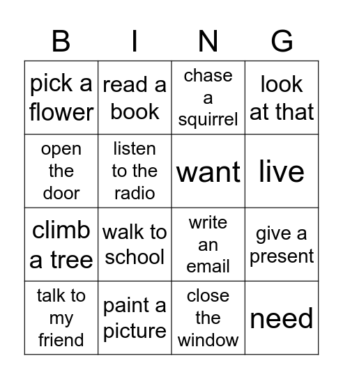 I wonder 3 Verbs Bingo Card