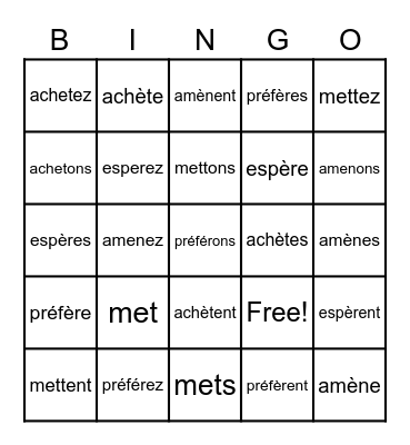 lesson 18 verbs accent changers Bingo Card