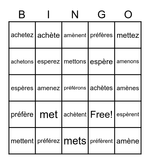 lesson 18 verbs accent changers Bingo Card